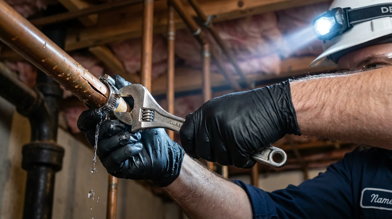 Emergency pipe clamp repair being performed by a Johns Plumbing LLC plumber in Hollister