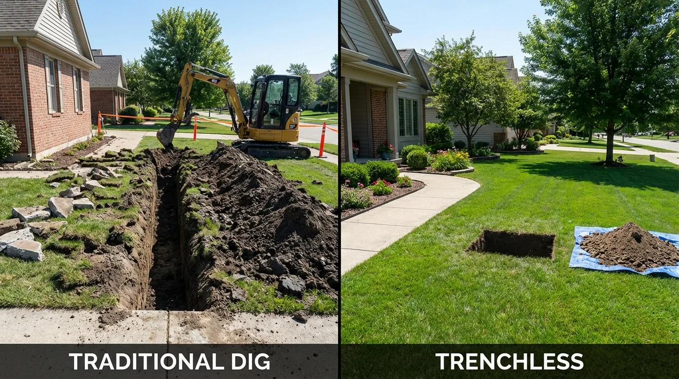 Trenchless sewer repair with minimal yard damage versus traditional excavation in Hollister, MO