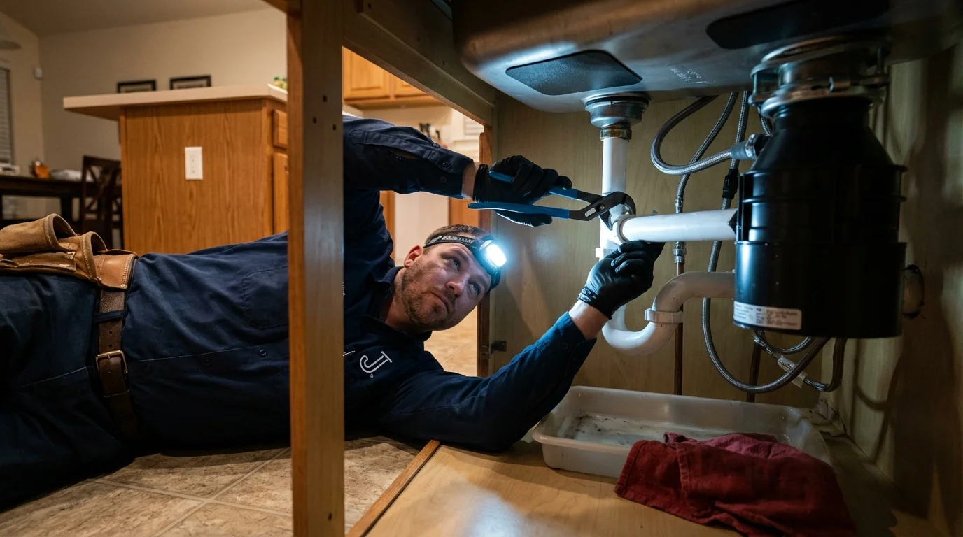 P-trap and supply line connections under a kitchen sink showing a common leak point in Hollister, MO